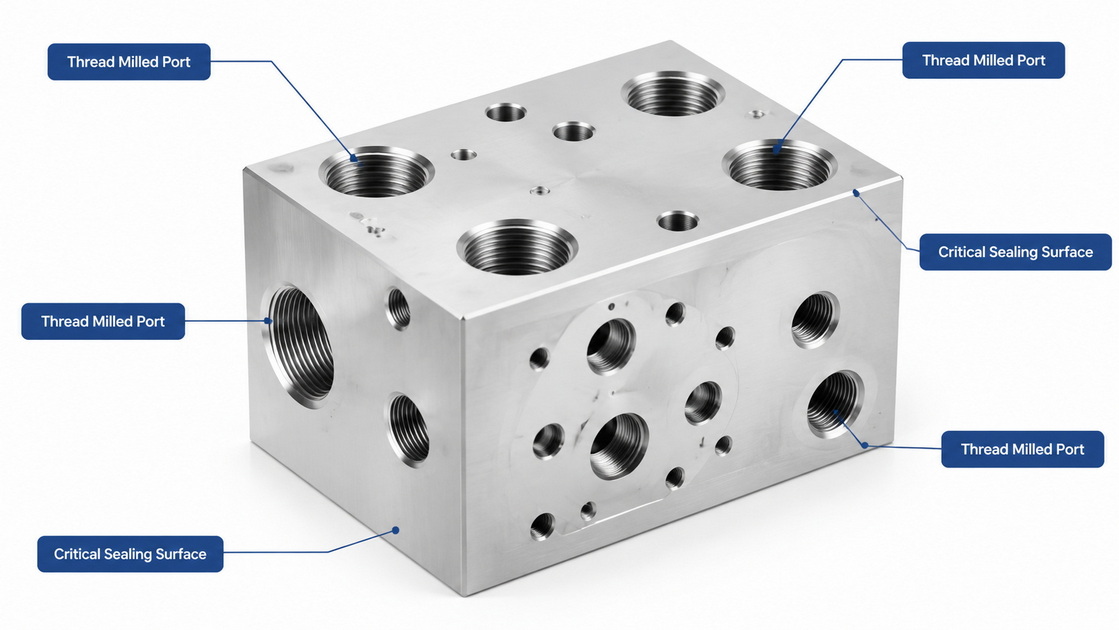 OEM CNC Manifold With Large Thread Milled Holes OEM CNC Manifold With Large Thread Milled Holes